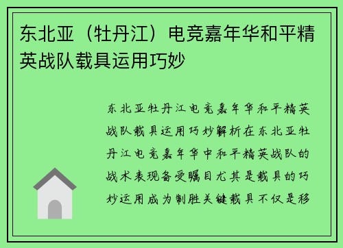 东北亚（牡丹江）电竞嘉年华和平精英战队载具运用巧妙