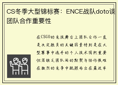 CS冬季大型锦标赛：ENCE战队doto谈团队合作重要性