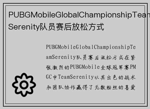PUBGMobileGlobalChampionshipTeamSerenity队员赛后放松方式