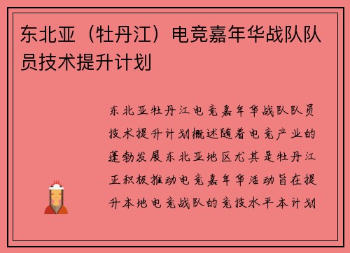 东北亚（牡丹江）电竞嘉年华战队队员技术提升计划