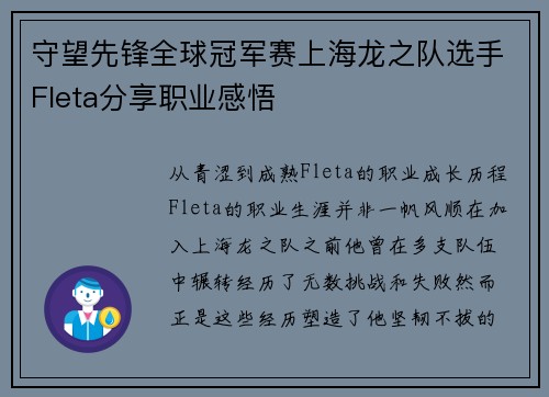 守望先锋全球冠军赛上海龙之队选手Fleta分享职业感悟
