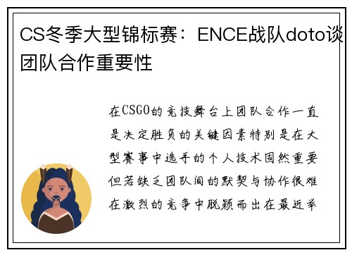CS冬季大型锦标赛：ENCE战队doto谈团队合作重要性